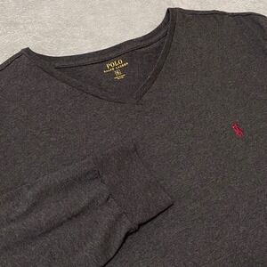 Polo Ralph Lauren Mens XL Long Sleeve V Neck T Shirt Gray Red Logo Casual